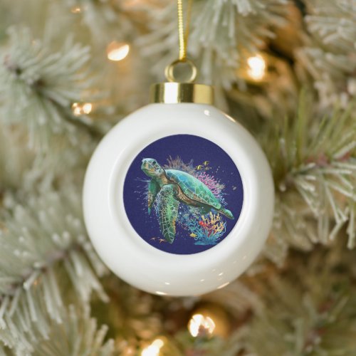 Sea turtle underwater watercolor Style Ceramic Ball Christmas Ornament