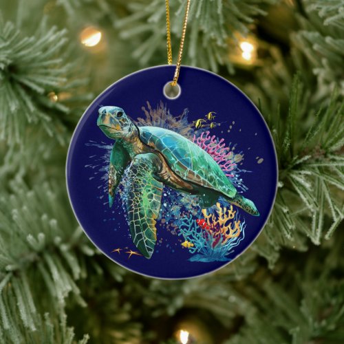 Sea turtle underwater watercolor Style Ceramic Ornament