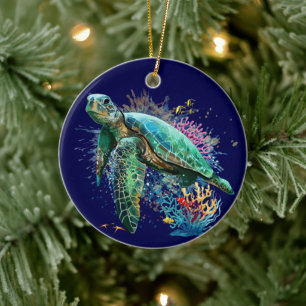 Sea turtle underwater watercolor Style Ceramic Ornament