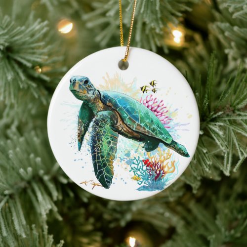 Sea turtle underwater watercolor Style Ceramic Ornament