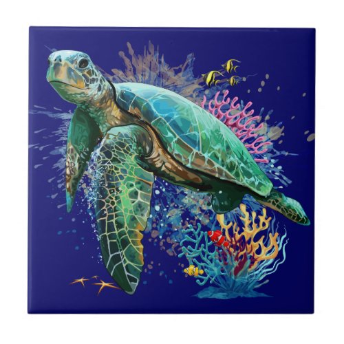 Sea turtle underwater watercolor Style Ceramic Tile