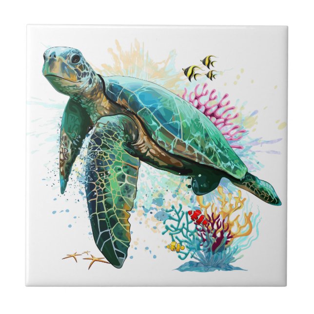 Sea turtle underwater watercolor Style Ceramic Tile (Front)