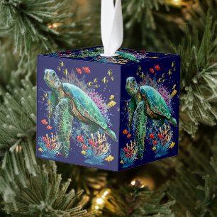 Sea turtle underwater watercolor Style Cube Ornament