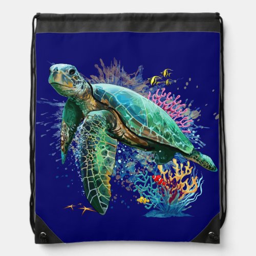Sea turtle underwater watercolor Style Drawstring Bag