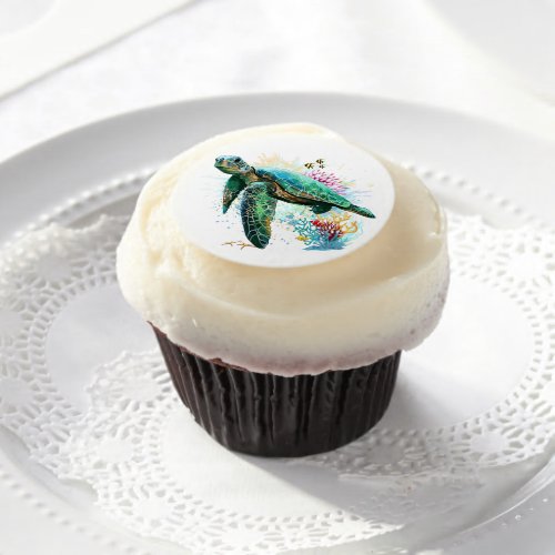 Sea turtle underwater watercolor Style Edible Frosting Rounds