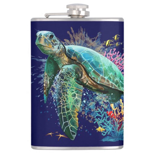 Sea turtle underwater watercolor Style Flask
