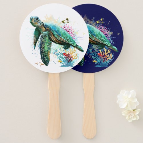 Sea turtle underwater watercolor Style Hand Fan