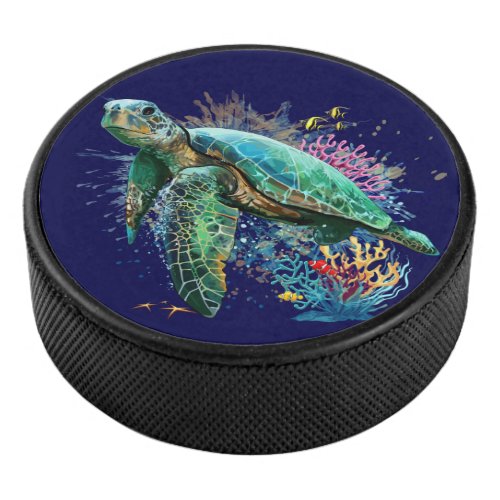 Sea turtle underwater watercolor Style Hockey Puck