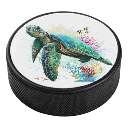 Sea turtle underwater watercolor Style Hockey Puck