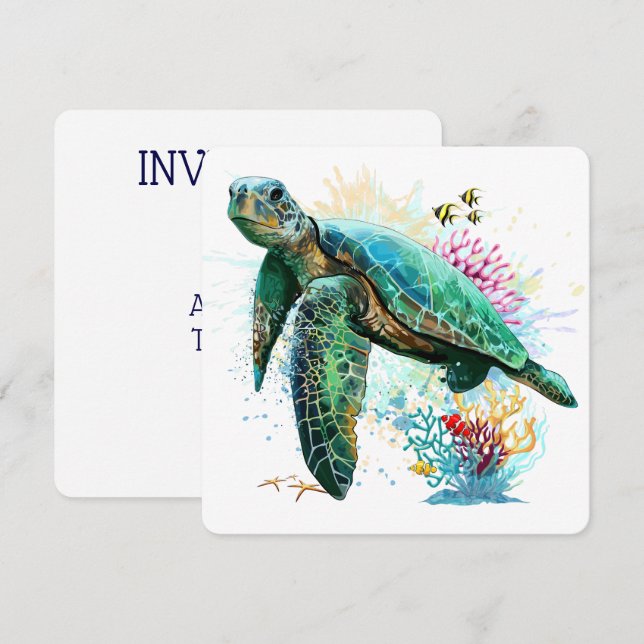 Sea turtle underwater watercolor Style Invitation (Front/Back)
