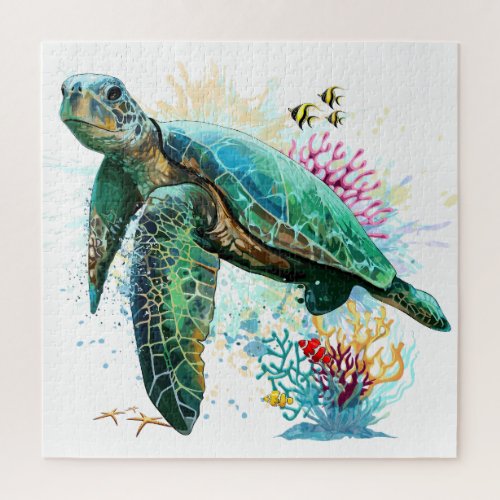 Sea turtle underwater watercolor Style Jigsaw Puzzle