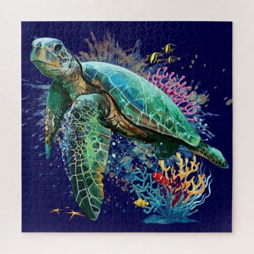 Sea turtle underwater watercolor Style Jigsaw Puzzle