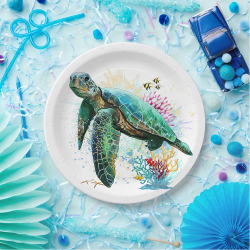 Sea turtle underwater watercolor Style Paper Plates