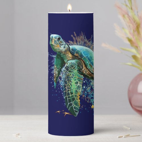 Sea turtle underwater watercolor Style Pillar Candle