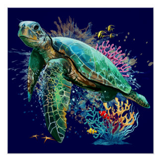 Sea turtle underwater watercolor Style Poster