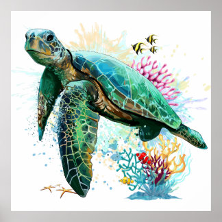 Sea turtle underwater watercolor Style Poster