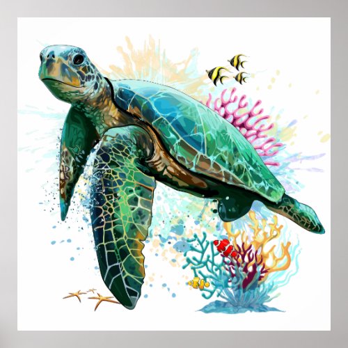 Sea turtle underwater watercolor Style Poster