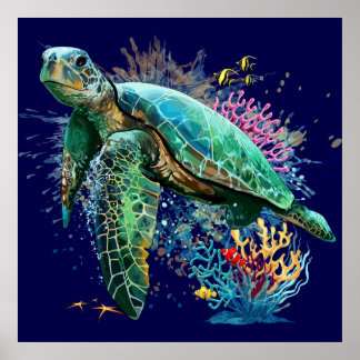 Sea turtle underwater watercolor Style Poster