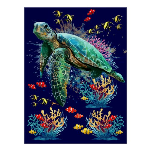 Sea turtle underwater watercolor Style Poster