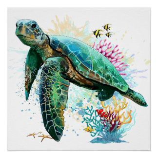 Sea turtle underwater watercolor Style Poster