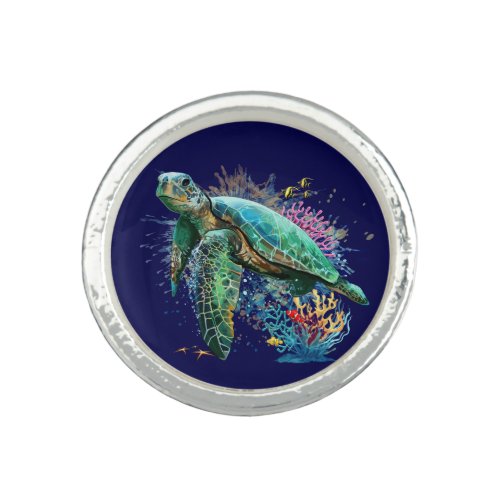 Sea turtle underwater watercolor Style Ring