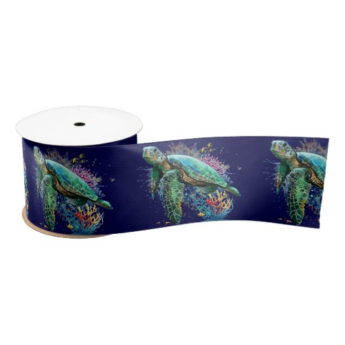 Sea turtle underwater watercolor Style Satin Ribbon