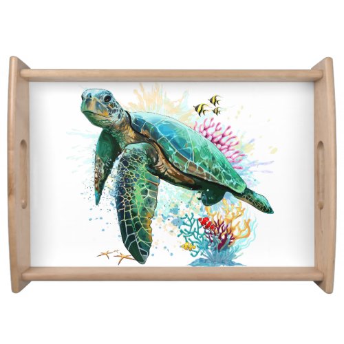 Sea turtle underwater watercolor Style Serving Tray