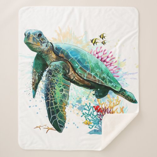 Sea turtle underwater watercolor Style Sherpa Blanket