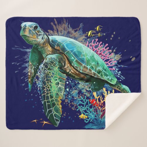 Sea turtle underwater watercolor Style Sherpa Blanket