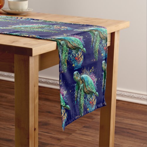 Sea turtle underwater watercolor Style Short Table Runner