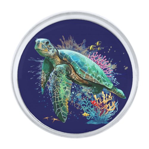 Sea turtle underwater watercolor Style Silver Finish Lapel Pin