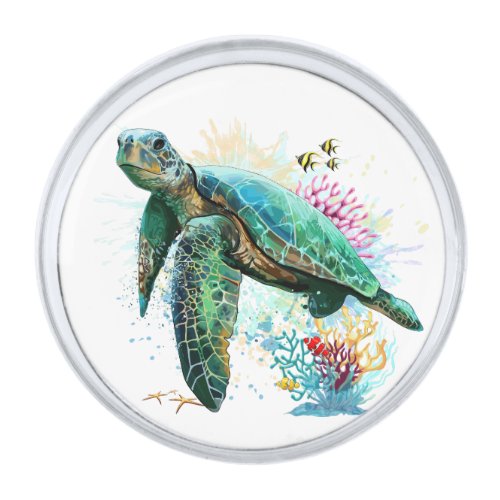 Sea turtle underwater watercolor Style Silver Finish Lapel Pin