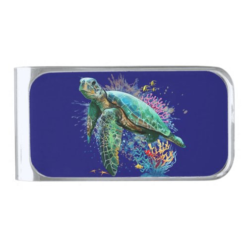 Sea turtle underwater watercolor Style Silver Finish Money Clip