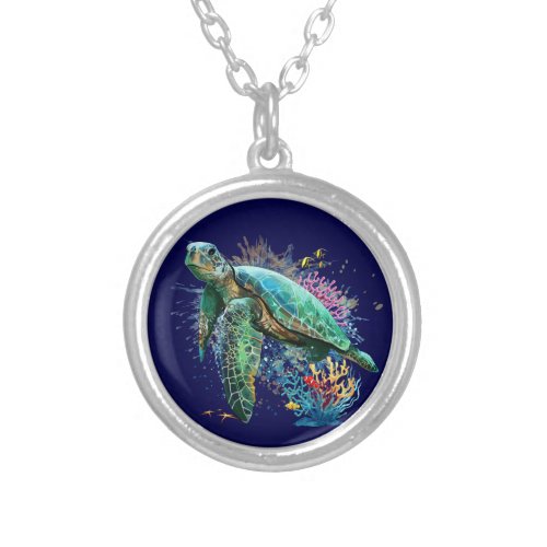 Sea turtle underwater watercolor Style Silver Plated Necklace