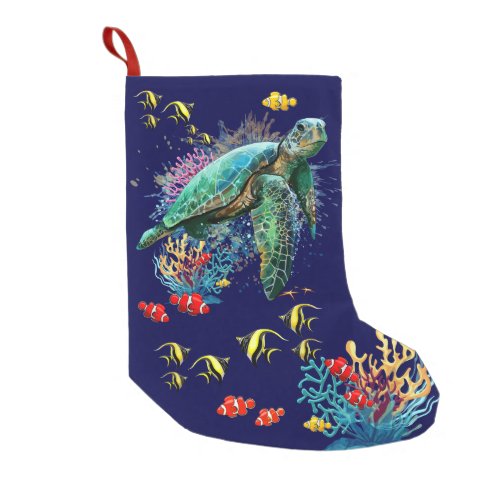 Sea turtle underwater watercolor Style Small Christmas Stocking