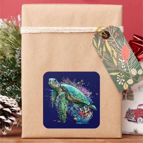 Sea turtle underwater watercolor Style Square Sticker