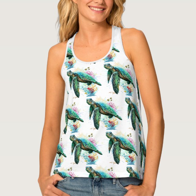 Sea turtle underwater watercolor Style Tank Top (Front)