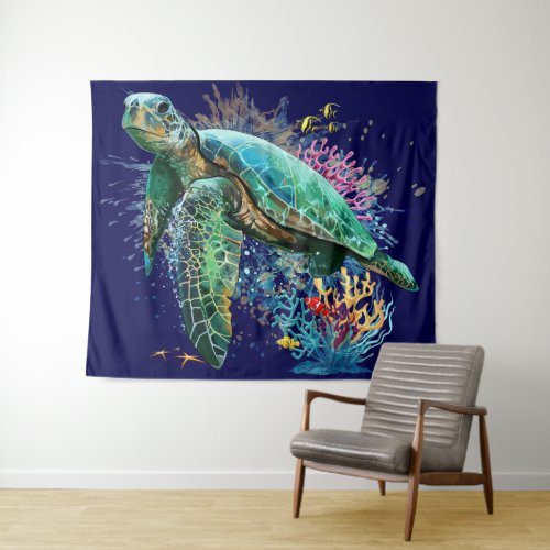 Sea turtle underwater watercolor Style Tapestry
