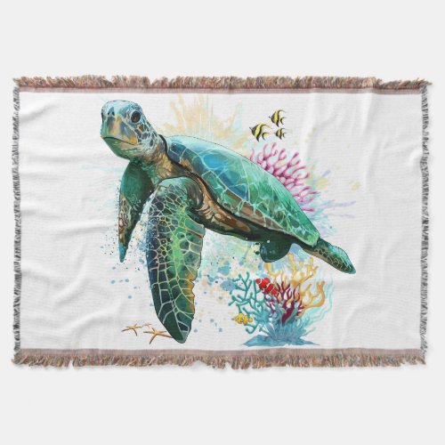 Sea turtle underwater watercolor Style Throw Blanket