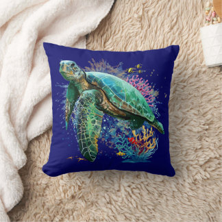 Sea turtle underwater watercolor Style Throw Pillow
