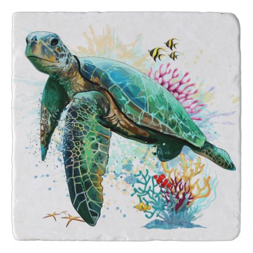 Sea turtle underwater watercolor Style Trivet