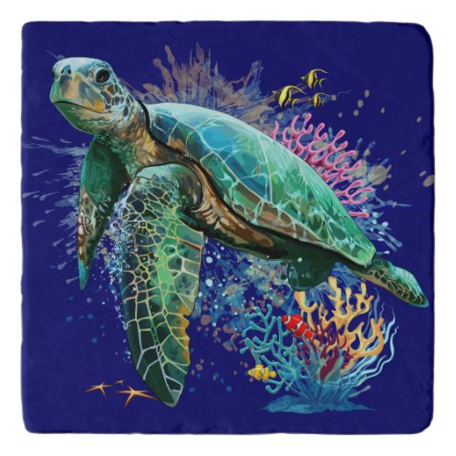 Sea turtle underwater watercolor Style Trivet