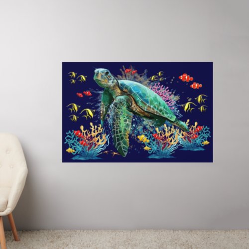 Sea turtle underwater watercolor Style Wall Decal