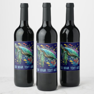 Sea turtle underwater watercolor Style Wine Label