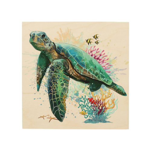 Sea turtle underwater watercolor Style Wood Wall Art