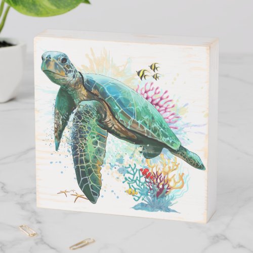 Sea turtle underwater watercolor Style Wooden Box Sign