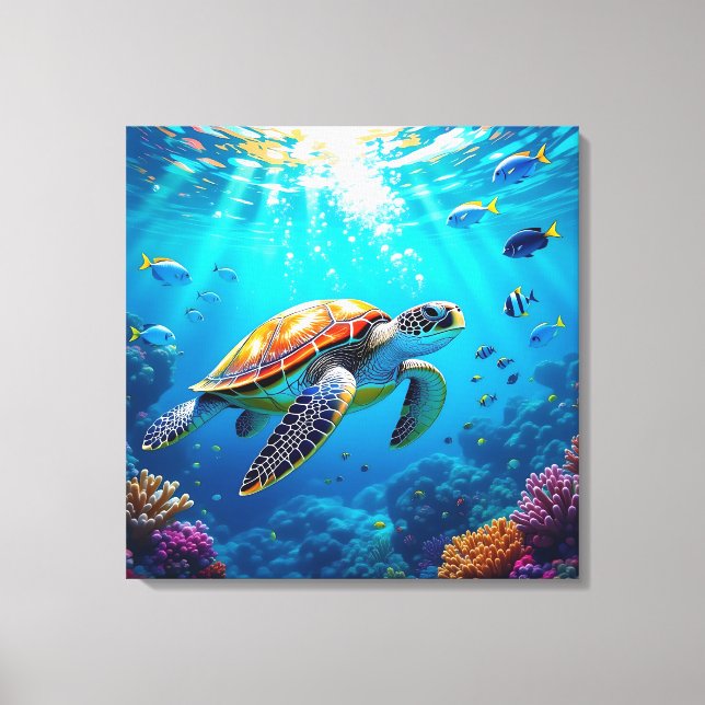 Sea Turtle Vibrant Colorful Underwater Scene Canvas Print (Front)
