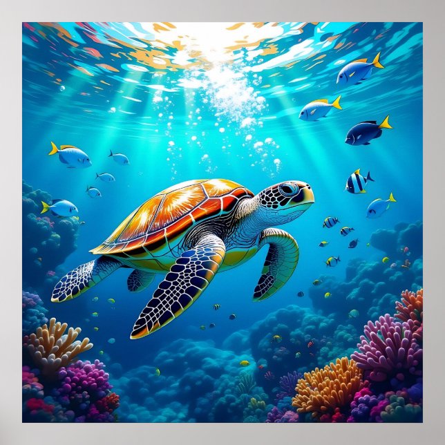 Sea Turtle Vibrant Colorful Underwater Scene Poster (Front)