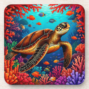 🐢 Sea Turtle Vibrant Coral Reef Ocean Nature Beverage Coaster