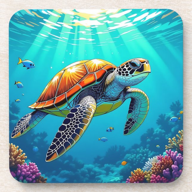Sea Turtle Vibrant Ocean Illustration Beverage Coaster (Front)